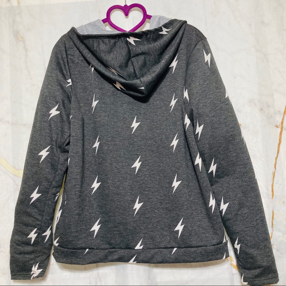 Gray v-neck oversized terry knit women sweatshirt hoodie lightning bolts, size M - Picture 2 of 6